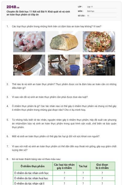 Chuyên đề Sinh học 11 Kết nối Bài 9: Khái quát về vệ sinh an toàn thực phẩm có đáp án