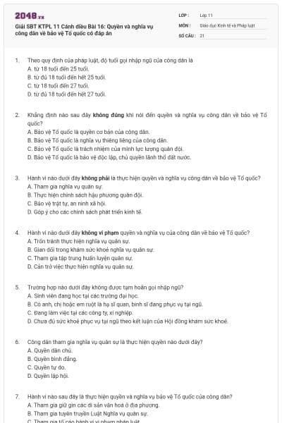 Giải SBT KTPL 11 Cánh diều Bài 16: Quyền và nghĩa vụ công dân về bảo vệ Tổ quốc có đáp án