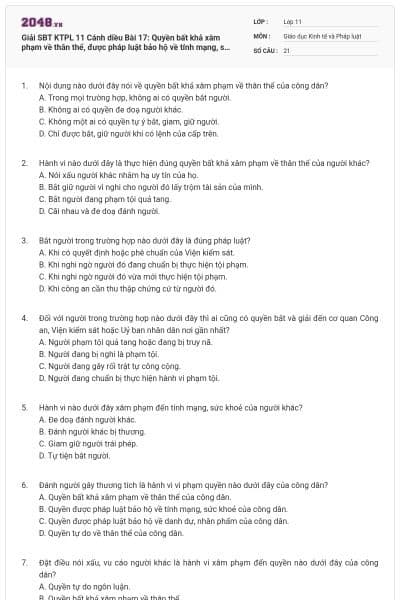 Giải SBT KTPL 11 Cánh diều Bài 17: Quyền bất khả xâm phạm về thân thể, được pháp luật bảo hộ về tính mạng, sức khỏe, danh dự và nhân phẩm có đáp án