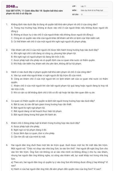 Giải SBT KTPL 11 Cánh diều Bài 18: Quyền bất khả xâm phạm về chỗ ở có đáp án