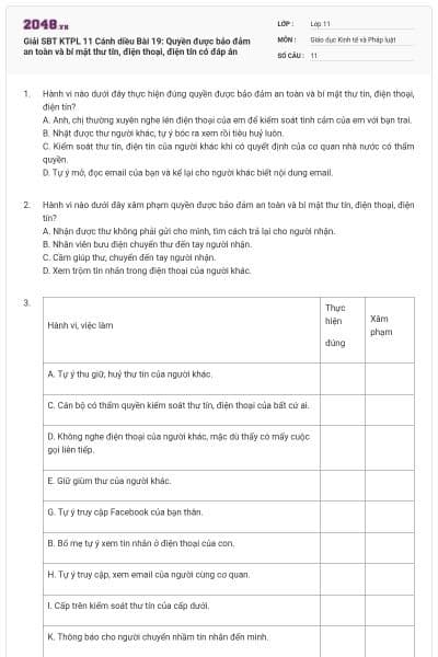 Giải SBT KTPL 11 Cánh diều Bài 19: Quyền được bảo đảm an toàn và bí mật thư tín, điện thoại, điện tín có đáp án