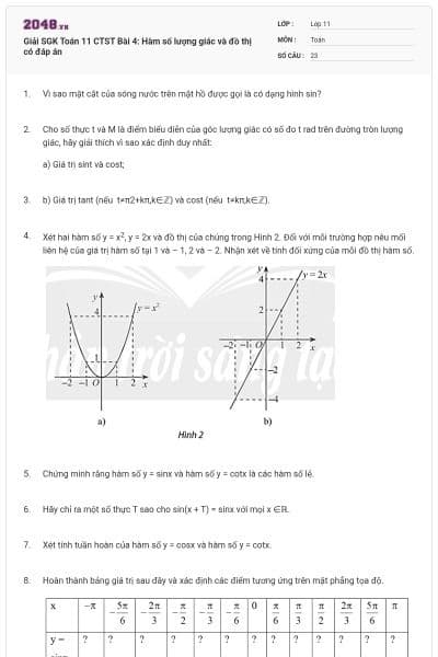 Giải SGK Toán 11 CTST Bài 4: Hàm số lượng giác và đồ thị có đáp án