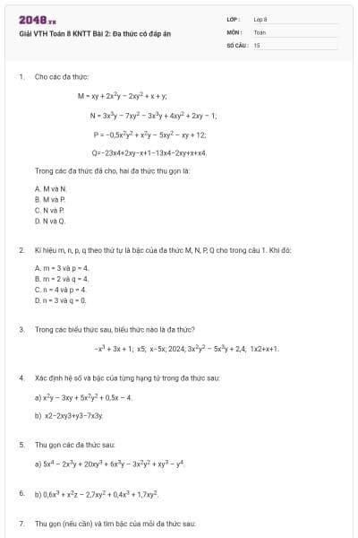 Giải VTH Toán 8 KNTT Bài 2: Đa thức có đáp án
