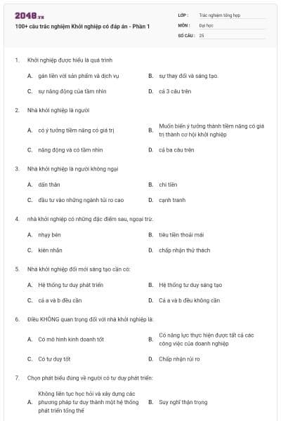 100+ câu trắc nghiệm Khởi nghiệp có đáp án - Phần 1