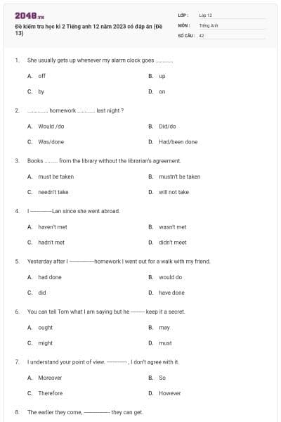 Đề kiểm tra học kì 2 Tiếng anh 12 năm 2023 có đáp án (Đề 13)