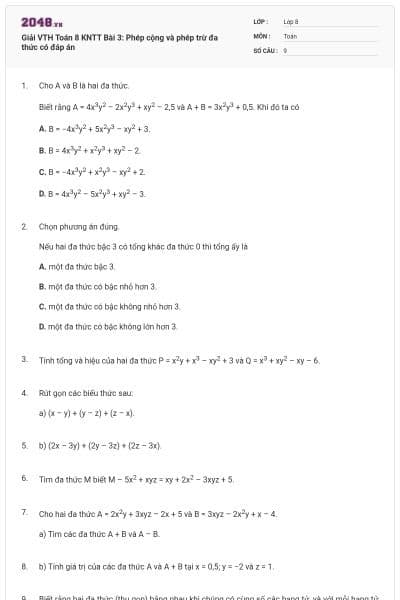 Giải VTH Toán 8 KNTT Bài 3: Phép cộng và phép trừ đa thức có đáp án