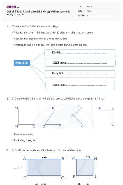 Giải VBT Toán 4 Cánh diều Bài 2: Ôn tập về hình học và đo lường có đáp án