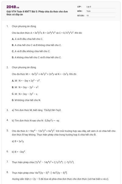 Giải VTH Toán 8 KNTT Bài 5: Phép chia đa thức cho đơn thức có đáp án