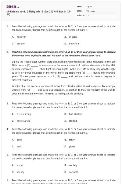 Đề kiểm tra học kì 2 Tiếng anh 12 năm 2023 có đáp án (Đề 16)