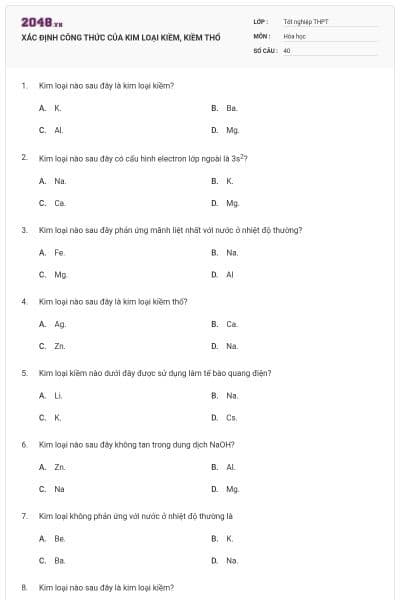 XÁC ĐỊNH CÔNG THỨC CỦA KIM LOẠI KIỀM, KIỀM THỔ