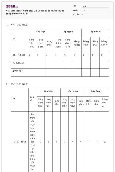 Giải VBT Toán 4 Cánh diều Bài 7: Các số có nhiều chữ số (Tiếp theo) có đáp án