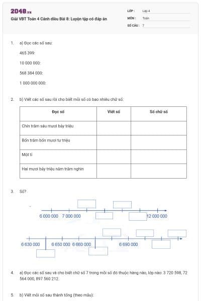 Giải VBT Toán 4 Cánh diều Bài 8: Luyện tập có đáp án