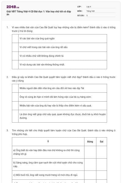 Giải VBT Tiếng Việt 4 CD Bài đọc 1: Văn hay chữ tốt có đáp án