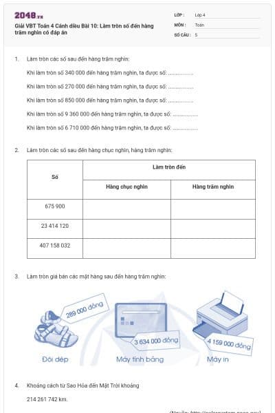 Giải VBT Toán 4 Cánh diều Bài 10: Làm tròn số đến hàng trăm nghìn có đáp án
