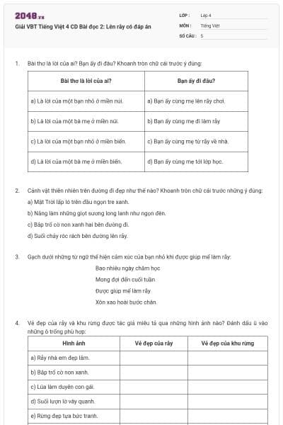 Giải VBT Tiếng Việt 4 CD Bài đọc 2: Lên rẫy có đáp án