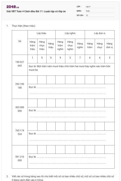 Giải VBT Toán 4 Cánh diều Bài 11: Luyện tập có đáp án