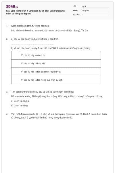 Giải VBT Tiếng Việt 4 CD Luyện từ và câu: Danh từ chung, danh từ riêng có đáp án