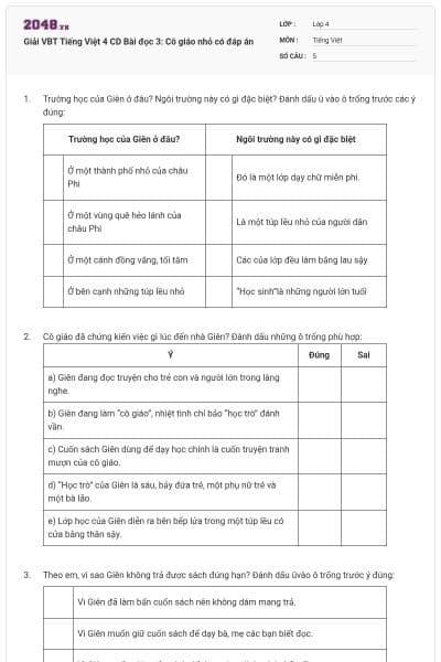 Giải VBT Tiếng Việt 4 CD Bài đọc 3: Cô giáo nhỏ có đáp án