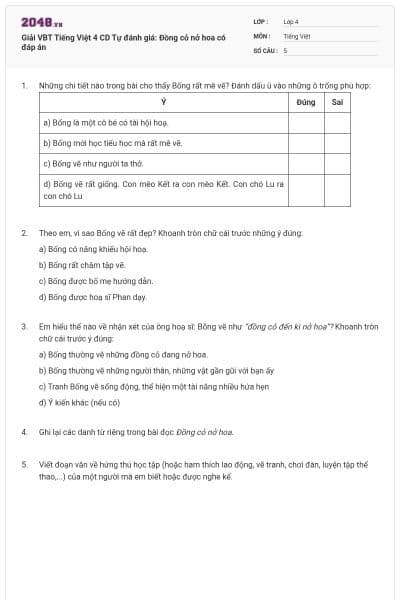 Giải VBT Tiếng Việt 4 CD Tự đánh giá: Đồng cỏ nở hoa có đáp án