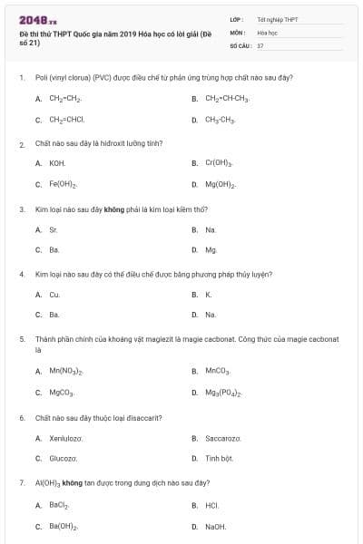 Đề thi thử THPT Quốc gia năm 2019 Hóa học có lời giải (Đề số 21)