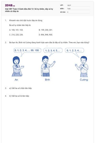 Giải VBT Toán 4 Cánh diều Bài 12: Số tự nhiên, dãy số tự nhiên có đáp án