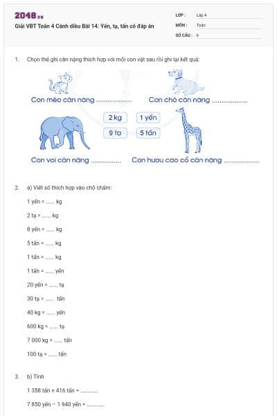 Giải VBT Toán 4 Cánh diều Bài 14: Yến, tạ, tấn có đáp án