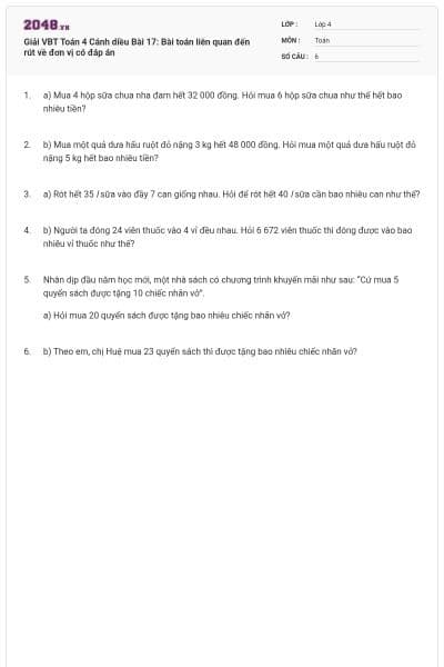 Giải VBT Toán 4 Cánh diều Bài 17: Bài toán liên quan đến rút về đơn vị có đáp án