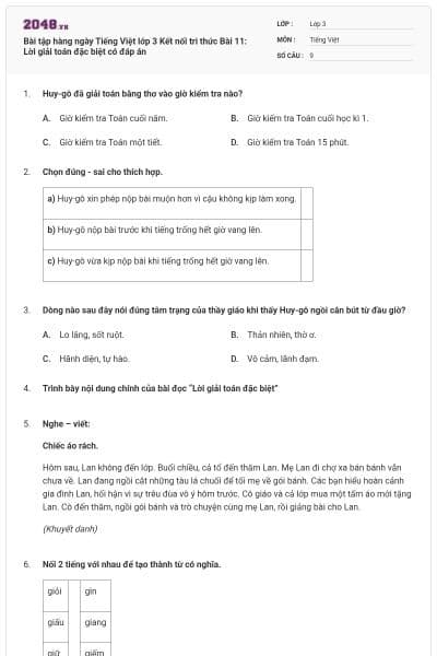 Bài tập hàng ngày Tiếng Việt lớp 3 Kết nối tri thức Bài 11: Lời giải toán đặc biệt có đáp án