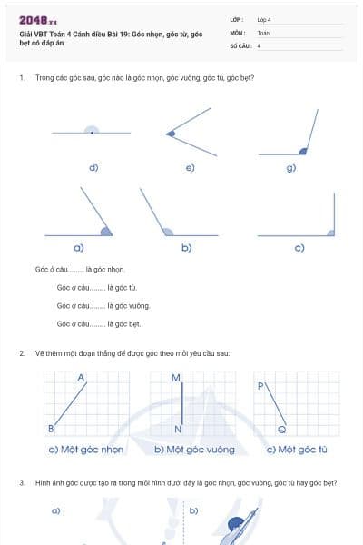 Giải VBT Toán 4 Cánh diều Bài 19: Góc nhọn, góc từ, góc bẹt có đáp án