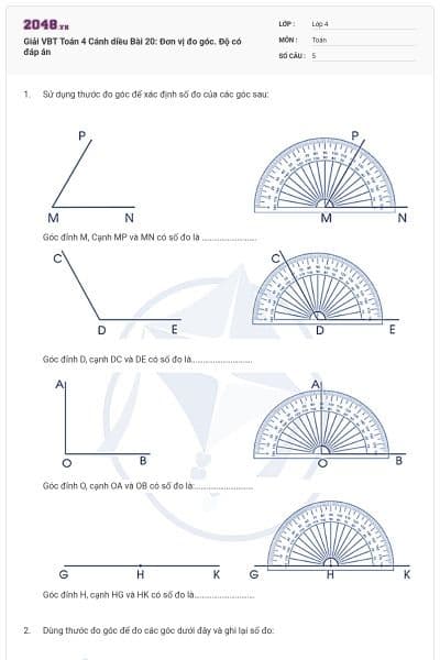 Giải VBT Toán 4 Cánh diều Bài 20: Đơn vị đo góc. Độ có đáp án