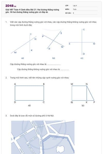 Giải VBT Toán 4 Cánh diều Bài 21: Hai đường thẳng vuông góc. Vẽ hai đường thẳng vuông góc có đáp án