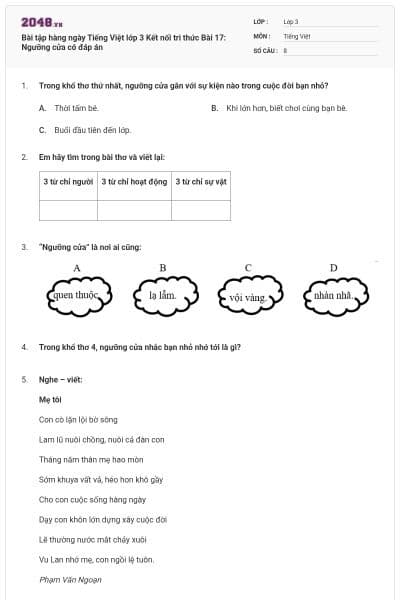 Bài tập hàng ngày Tiếng Việt lớp 3 Kết nối tri thức Bài 17: Ngưỡng cửa có đáp án