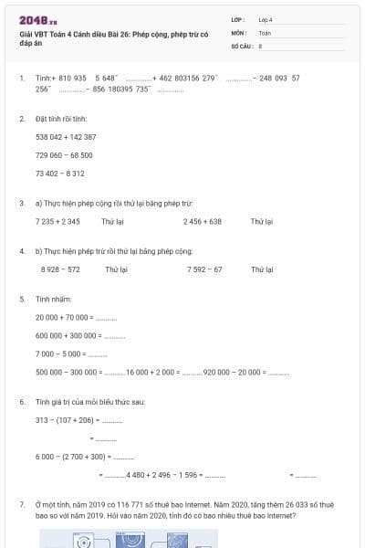 Giải VBT Toán 4 Cánh diều Bài 26: Phép cộng, phép trừ có đáp án