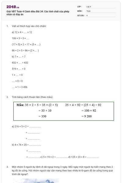 Giải VBT Toán 4 Cánh diều Bài 34: Các tính chất của phép nhân có đáp án