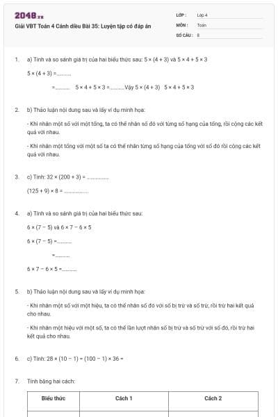 Giải VBT Toán 4 Cánh diều Bài 35: Luyện tập có đáp án