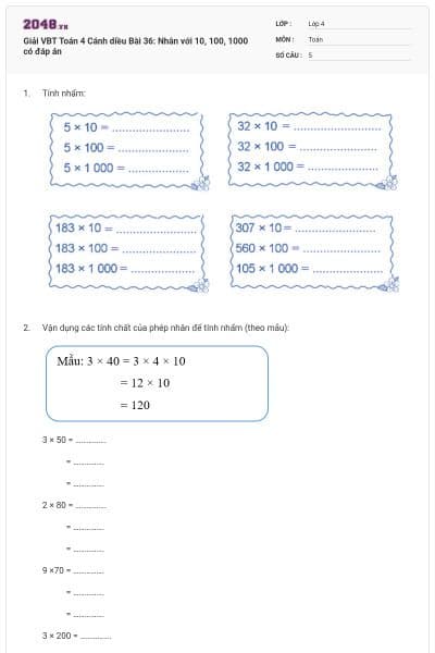 Giải VBT Toán 4 Cánh diều Bài 36: Nhân với 10, 100, 1000 có đáp án