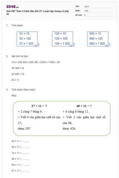 Giải VBT Toán 4 Cánh diều Bài 37: Luyện tập chung có đáp án
