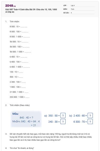 Giải VBT Toán 4 Cánh diều Bài 39: Chia cho 10, 100, 1000 có đáp án