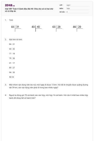 Giải VBT Toán 4 Cánh diều Bài 40: Chia cho số có hai chữ số có đáp án