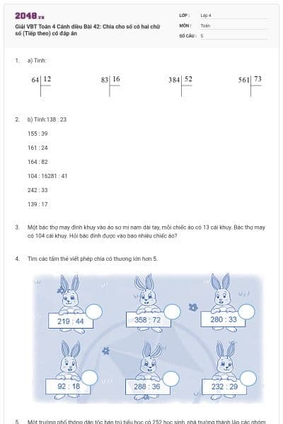 Giải VBT Toán 4 Cánh diều Bài 42: Chia cho số có hai chữ số (Tiếp theo) có đáp án