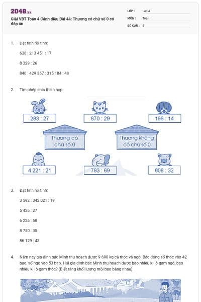 Giải VBT Toán 4 Cánh diều Bài 44: Thương có chữ số 0 có đáp án