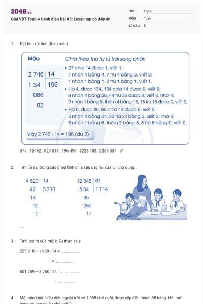Giải VBT Toán 4 Cánh diều Bài 45: Luyện tập có đáp án