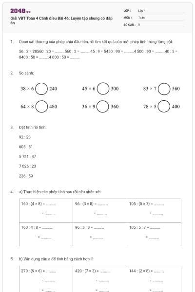 Giải VBT Toán 4 Cánh diều Bài 46: Luyện tập chung có đáp án