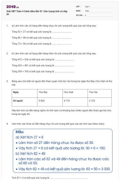 Giải VBT Toán 4 Cánh diều Bài 47: Ước lượng tính có đáp án