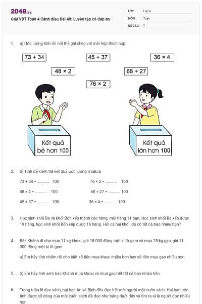 Giải VBT Toán 4 Cánh diều Bài 48: Luyện tập có đáp án
