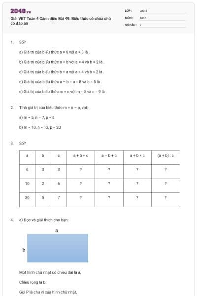 Giải VBT Toán 4 Cánh diều Bài 49: Biểu thức có chứa chữ có đáp án