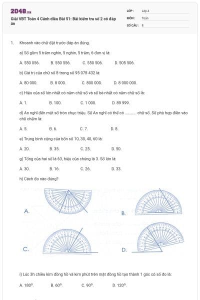 Giải VBT Toán 4 Cánh diều Bài 51: Bài kiểm tra số 2 có đáp án