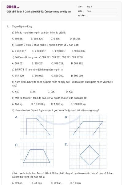 Giải VBT Toán 4 Cánh diều Bài 52: Ôn tập chung có đáp án