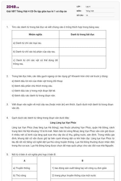 Giải VBT Tiếng Việt 4 CD Ôn tập giữa học kì 1 có đáp án