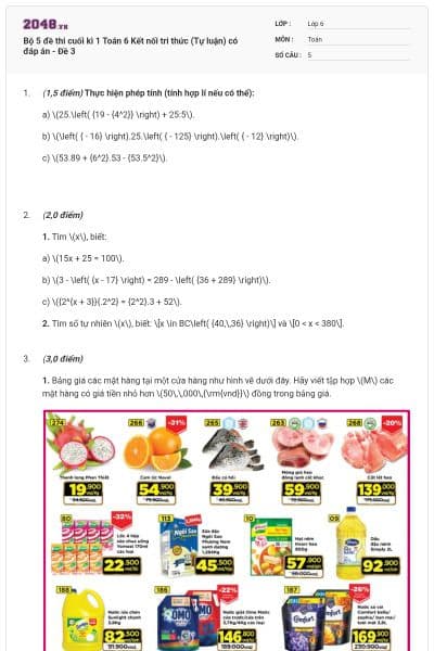 Bộ 5 đề thi cuối kì 1 Toán 6 Kết nối tri thức (Tự luận) có đáp án - Đề 3
